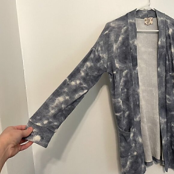 HIPPIE ROSE Blue Tie Dye Ribbed Knit Open Long Sleeve Boho Long Cardigan Sweater - Picture 6 of 13